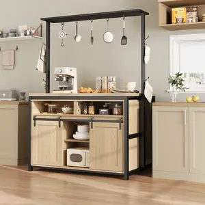 Kitchen Storage Island with Power Outlet, Kitchen Bakers Rack with Open Shelves & Hooks - Easy Assembly, Coffee Bar Table for Kitchen Dining Room(42'' x 28'' x 72''), Wood Color