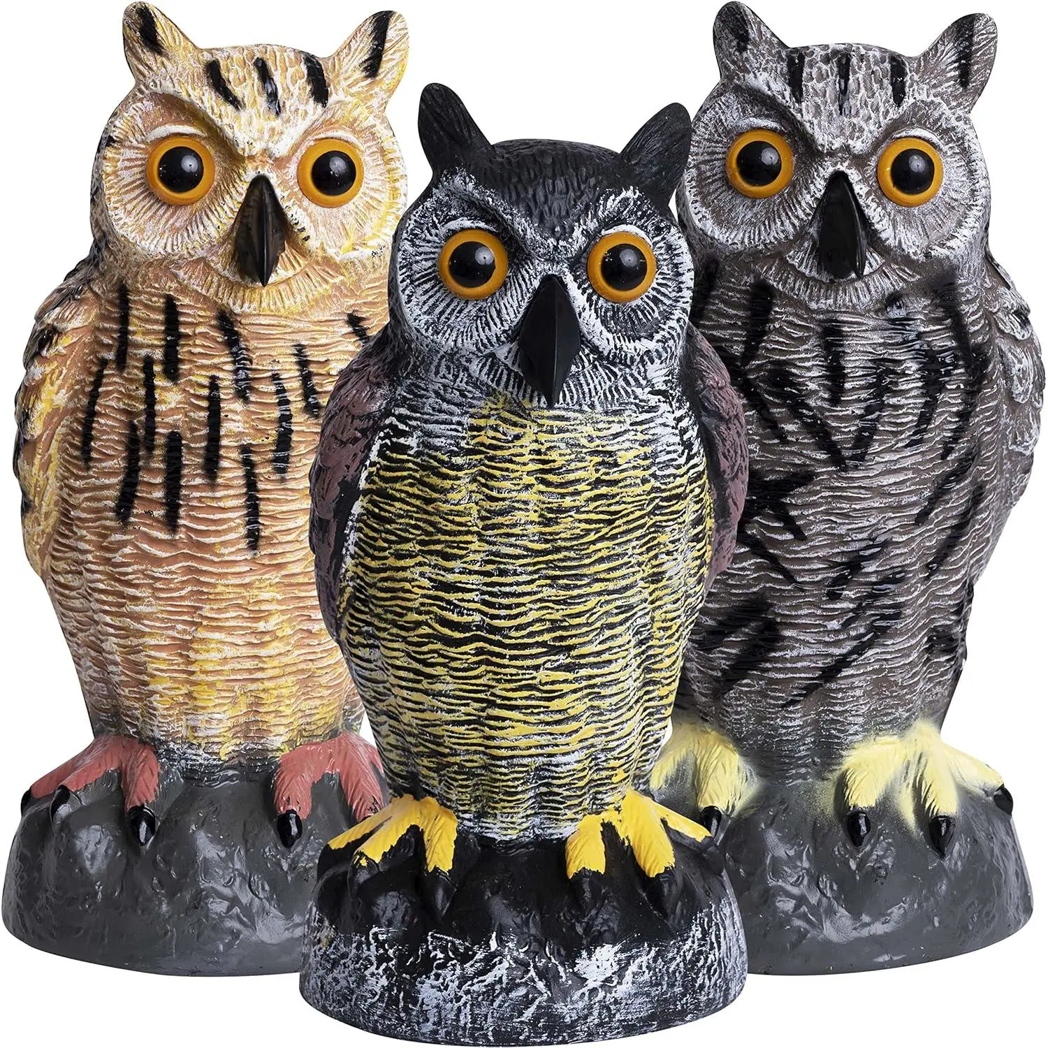 Plastic Owl Decoys [Set of 3] - Multicolor Owl Statues for Garden & Outdoors,  Birds , Realistic Design with Reflective Eyes, Weather Resistant