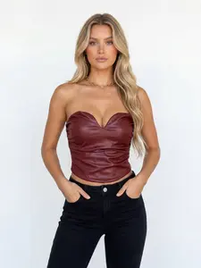 Women's Solid Color PU Matte Leather Halter Top, Sexy Vintage Fashion, Low Chest Zipper, Slim Fit Waist Cincher, Summer Casual Party Festival