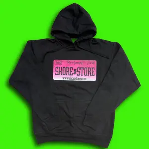 Shore Store Pink License Plate Fleece Pullover Hoodie - Black, Unisex Fit Women's Clothes, Long Sleeve Tops