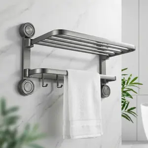 No Drill Foldable Towel Rack, Suction Cup Bathroom Shelf with Hooks, Space Aluminum, Damage-Free for Renters