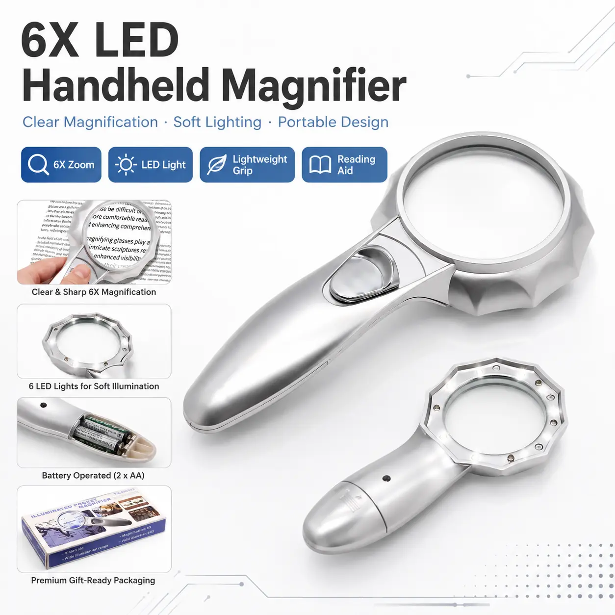 SHUNCE 6X Zoom LED Handheld Magnifying Glass with LED Lights, Lightweight Portable Optical Measuring Tool for Seniors, Fine Prints & Detail Inspection