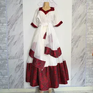 Ethiopian and Eritrean Traditional Dress Handmade Cotton with Red and White Patterns እጅ ጥልፉ
