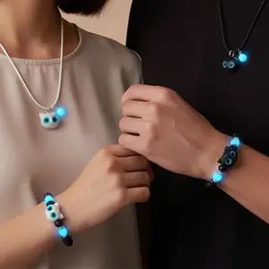 4PCS Glow-in-the-Dark Cat Beaded Set - Vintage Cute Elastic Black Beads, Adjustable Couple/Friendship Bracelets & Necklace, Versatile for Daily Wear & Holiday Gifts