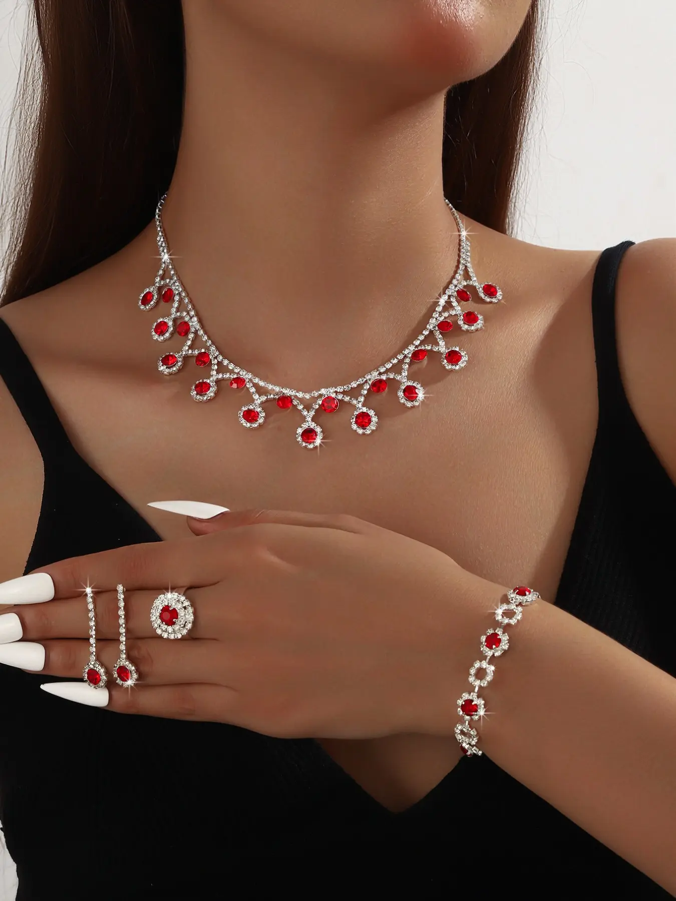 Luxurious Bridal Jewelry Set, Necklace Earrings Bracelet Ring Four Piece Kit, Wedding Dress Accessories, Elegant Bride