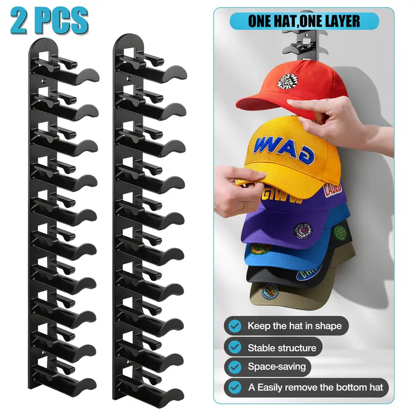 2-Pack Multi-Layered Wall-Mounted Decor Shelves, Hanging Hat Organizer with 2 Mounting Options (Strong Adhesive, Drilling), Space-Saving Door-Closet Fit Rack Holds Up to 20 Baseball Caps, Easy-Access Display for Home Use