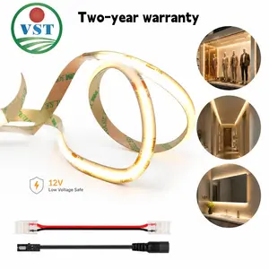Spot-free COB LED strip for display cabinets—12V, 5m, 8mm flexible strip with uniform lighting; DIY, solder-free, and cuttable LED lighting for collectibles and glass cabinets (power adapter not included).