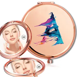 Hand-Held Metal Makeup Mirror Double-Sided with 1x/2x Dual Magnification, Foldable Portable Cosmetic Aid for Travel, Initial Name 26 Letters Paint Pattern