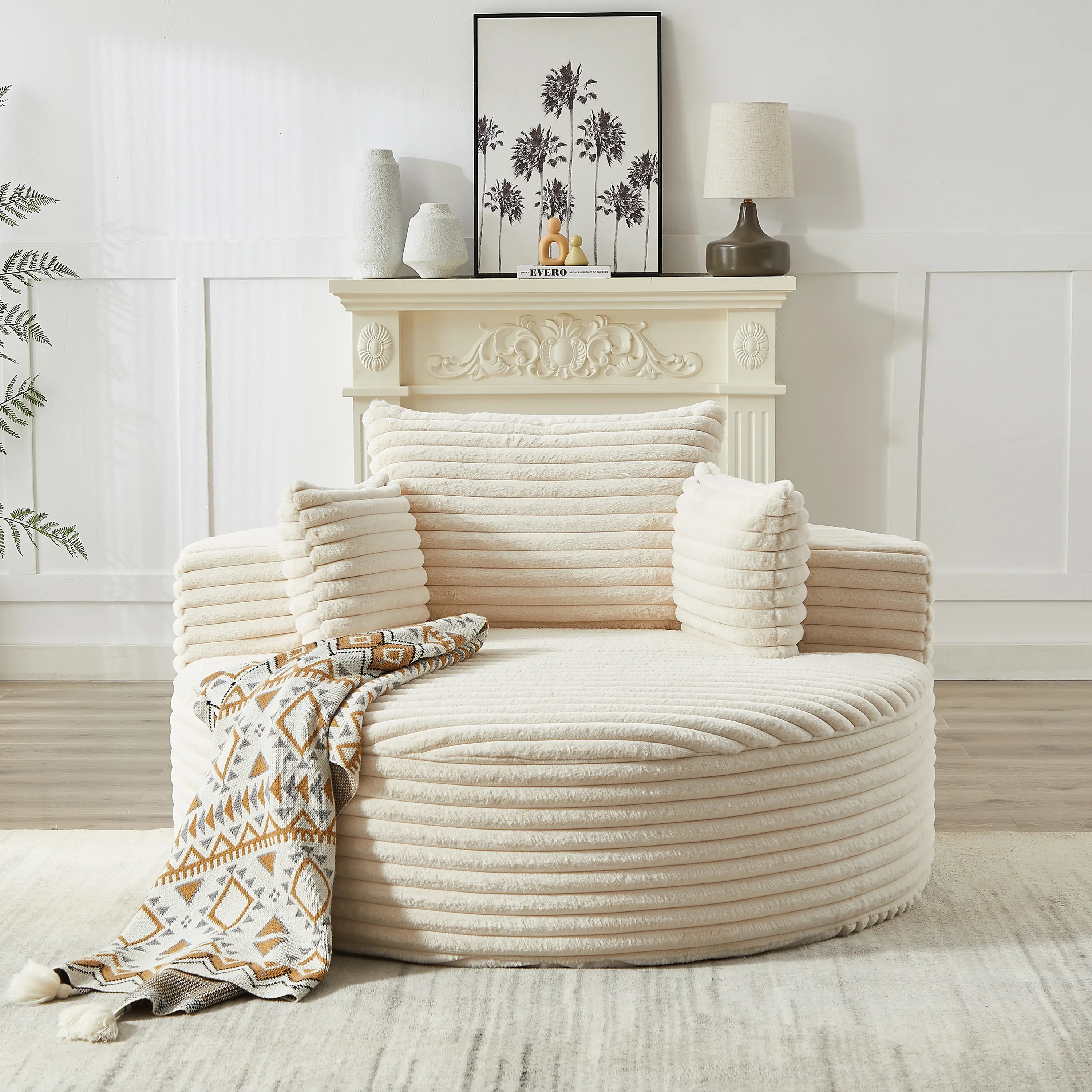 White Corduroy Fabric Sofa - 1-Person Armless Modern Sturdy Convertible Sleeper Recliner, No Assembly Required, Fluffy Ready-to-Use Multifunctional Furniture for Living Room, Adults