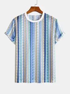 Men's Crochet Striped Crew Neck Slim Fit T-Shirt, Short Sleeve Breathable Casual Summer Beach Aloha Vacation Tops for Men, Comfortable and Stylish