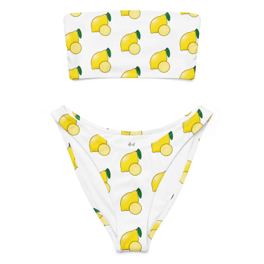 "Luscious Lemon" Illustration Yellow Lemon Print Bandeau Bikini Two-Piece Set