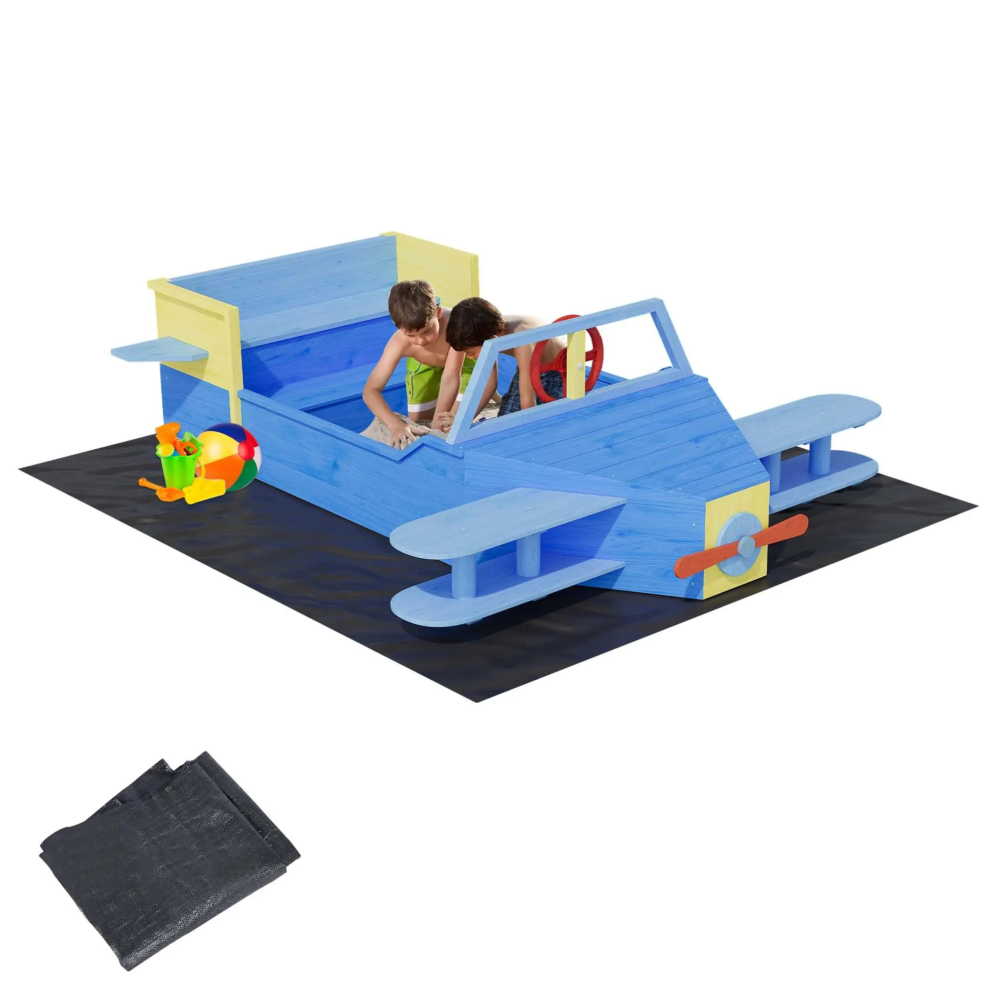 GARVEE Fir Wood Airplane-Shaped Kids Outdoor Sandbox - 2-Tier Benches, Padded Seats, Drainage Base, Propeller, Wings, Rudder, Ground Liner, 62.5in L x28.7in W x18.89in H, Adjustable Sand Depth, Backyard/Patio Use for 3-8 Yrs