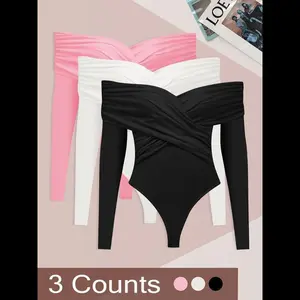 Women’s solid-color off-shoulder ruched thong bodysuit; elegant fashion casual crisscross long-sleeve bodysuit for daily outdoor wear; women’s clothing; bodysuits for women; spring/fall women’s apparel; Valentine’s Day gift