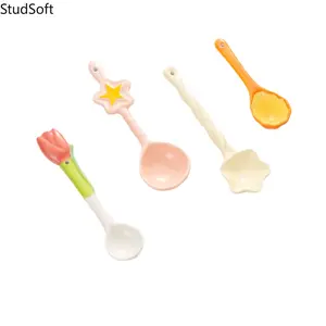 Set of 4 Cute & Stylish Cartoon Ceramic Spoons — Long-Handled Soup Spoons for Home Use, Adorable & Fun Utensils for Kids and Adults