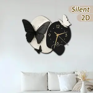 Wooden Silent Modern Large Clock, Background with Hands and Butterflies, Battery Driven, Home Decor Gift