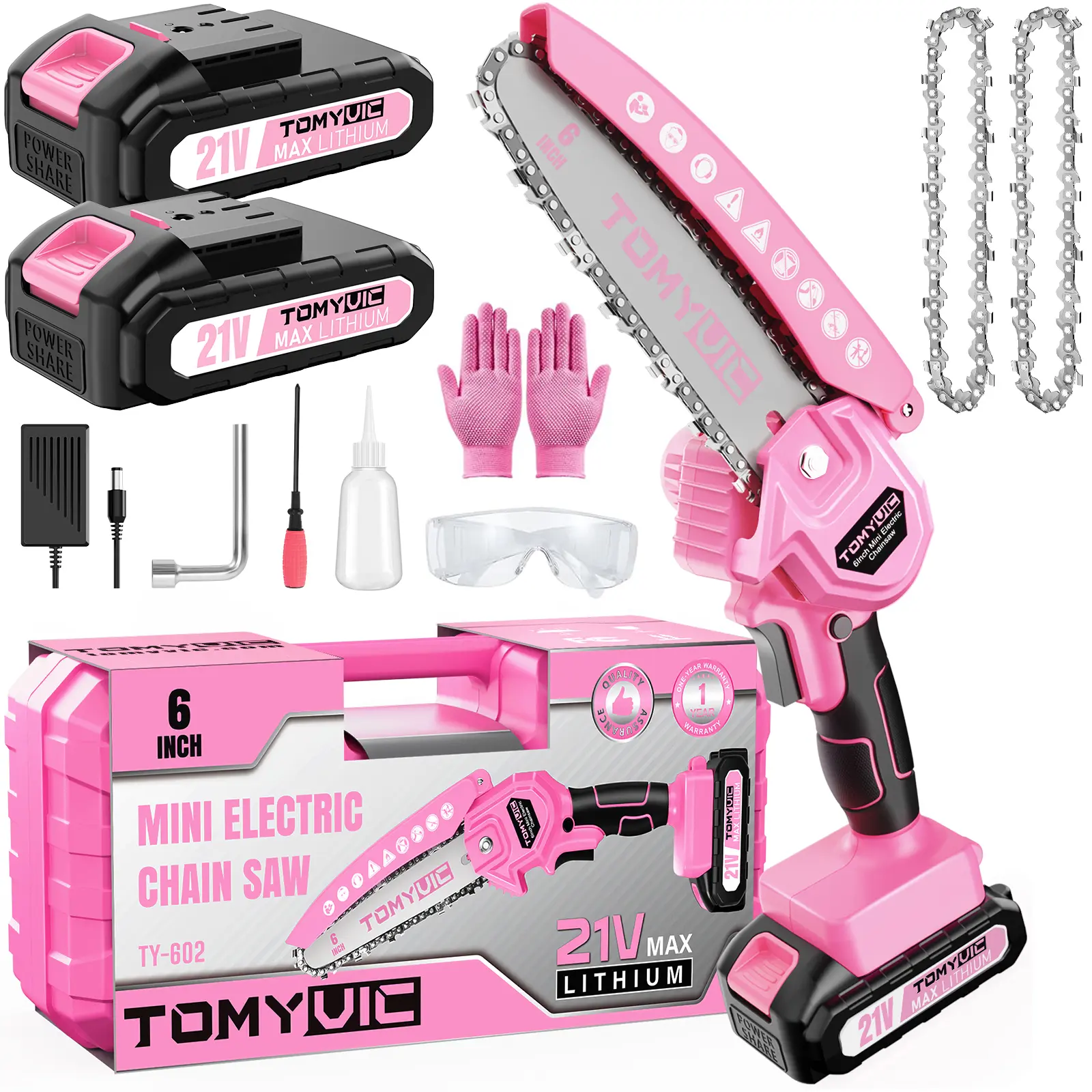 6 Inch Mini Pink Chainsaw with 2 Batteries Portable Cutting Tool 6 Inch Mini Pink Chainsaw with 2 Batteries Portable Cutting Tool