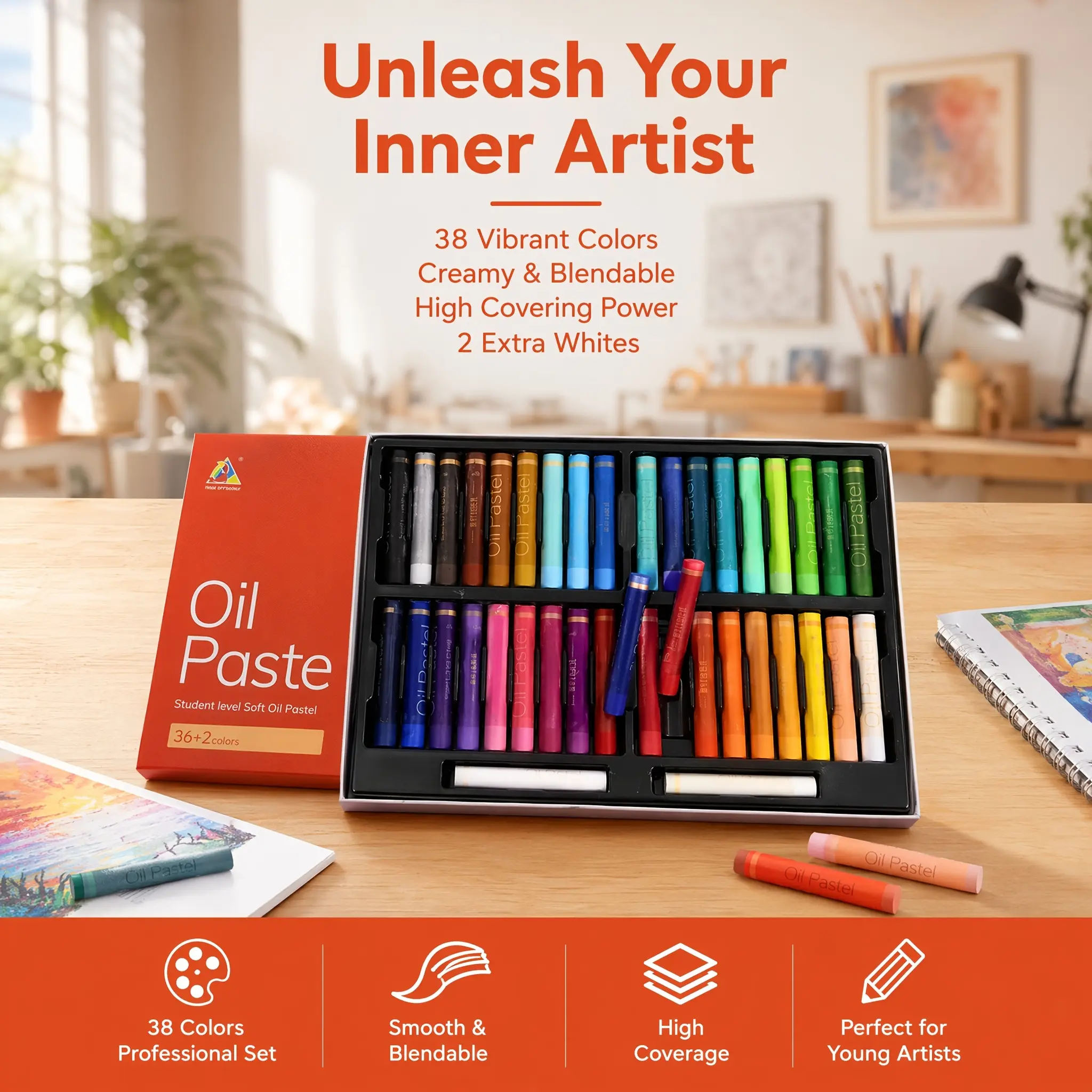 38 Colors Soft Oil Pastel Set, Student Grade Heavy‑Color Oil Pastels for Blending, Layering & Bold Impasto Painting, Ideal for Back to School Art Class, Labor Day Weekend DIY Art Project & Handmade Craft Gift