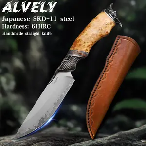 ALVELY High Quality Japanese SKD-11 Steel Fixed Blade Pocket Knife with Pirate Captain Decoration and Solid Wood Handle with Leather Sheath, Men's Camping Knife, High Hardness EDC Knife, Adventure Hiking, Travel Utility Knife Gift