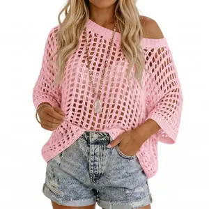 Women's Crochet Hollow Out Knit Top Sexy Oversized Mesh Net Sweater Casual Off the Shoulder Raglan Sleeve Summer Beach Cover Up Knitwear Womenswear, early spring new style casual outerwear knitwear