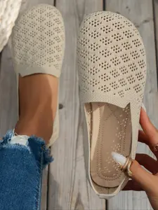 Women's Hollow Out Knit Shoes, Round Toe Wide Flat Lightweight Slip On Casual Sneakers, Comfortable Textile Upper Rubber Sole, Elegant All Season Footwear
