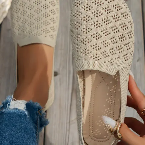 Women's Hollow Out Knit Shoes, Round Toe Wide Flat Casual Sneakers, Comfortable Textile Upper Rubber Sole, Elegant All Season Footwear, Rubber Soled Footwear