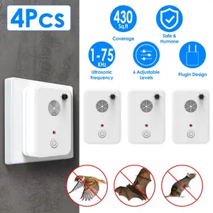 4 Packs Ultrasonic Pest Repeller, 1-75KHz 6 Adjustable Levels for Bats Birds Mice, Humane Indoor Pest Control