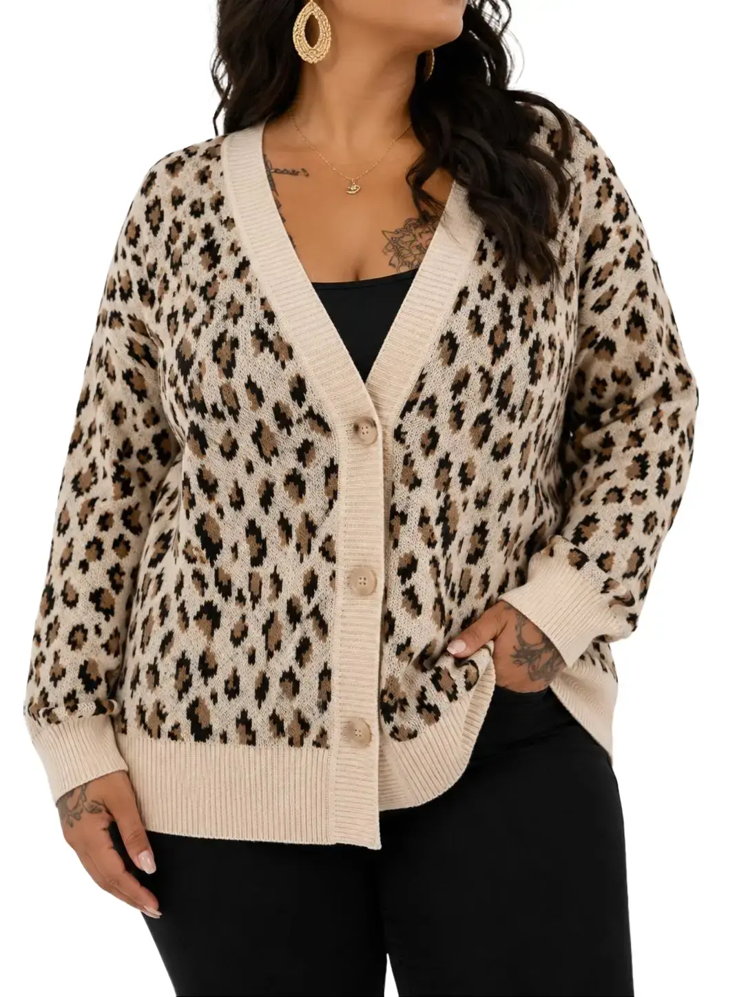 Plus Size Women Leopard Print Knit Cardigan Long Sleeve Open Front Casual Sweater Coat