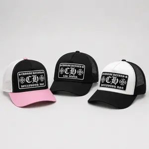 ChromeH Style Black & White Trucker Hat for Men & Women, Gothic Hollywood Cross Patch Mesh Snapback Cap, Adjustable Y2K Biker Hip Hop Streetwear Baseball Hat