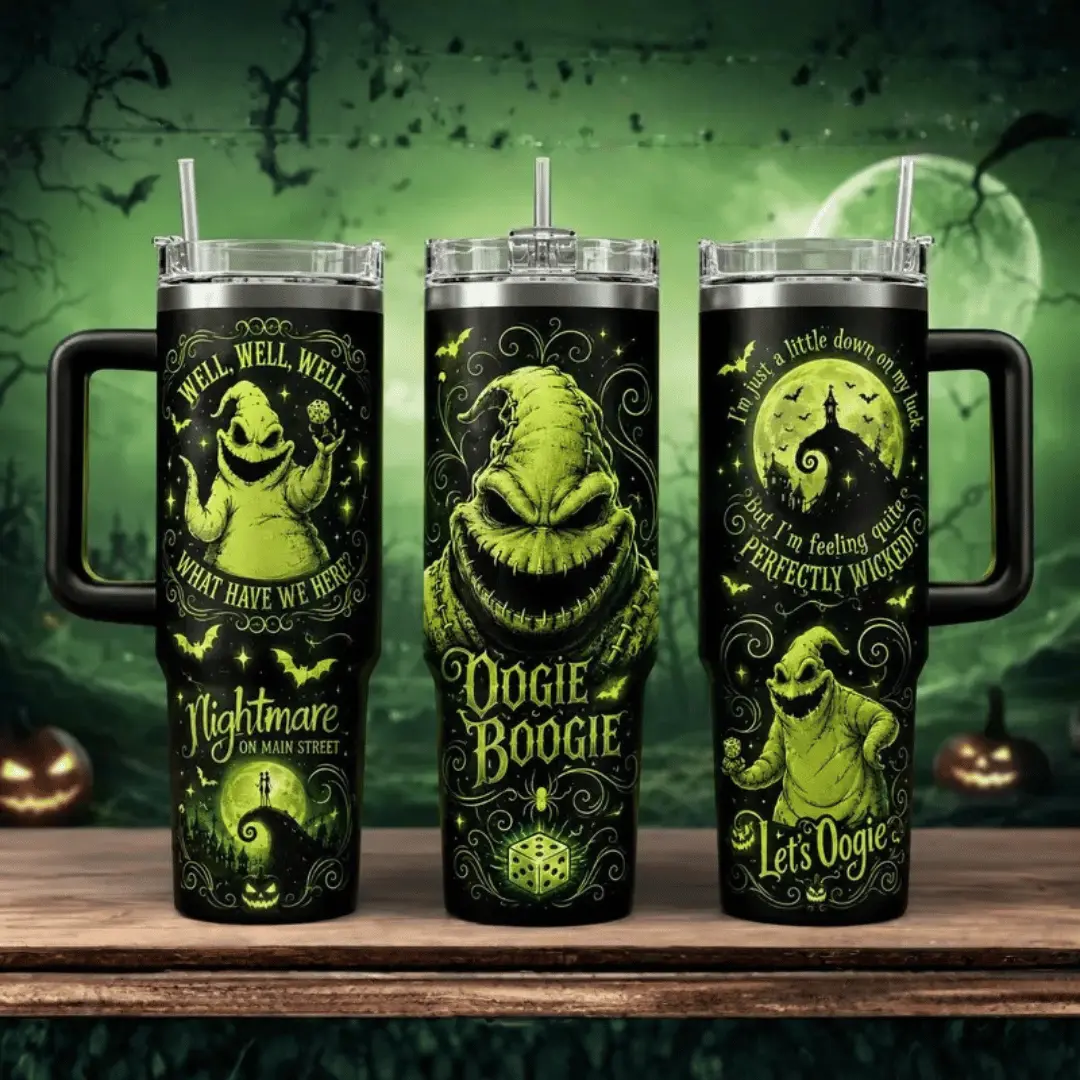Halloween Gothic Bogeyman Tumbler, 20oz/30oz/40oz Insulated Travel Cup with Handle, Neon Comic Style Halloween Drinkware, Spooky Nightmare Inspired Design, Reusable Coffee Mug & Gift for Horror and Halloween Fans