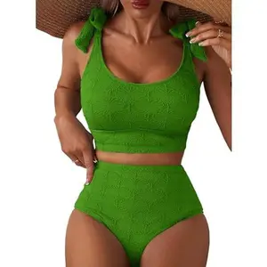 Two Piece High Waisted Bikini Set for Women Seashell Textured Tie Strap Swimsuit Elegant High Cut Bathing Suit Beach Vacation Summer Outfits