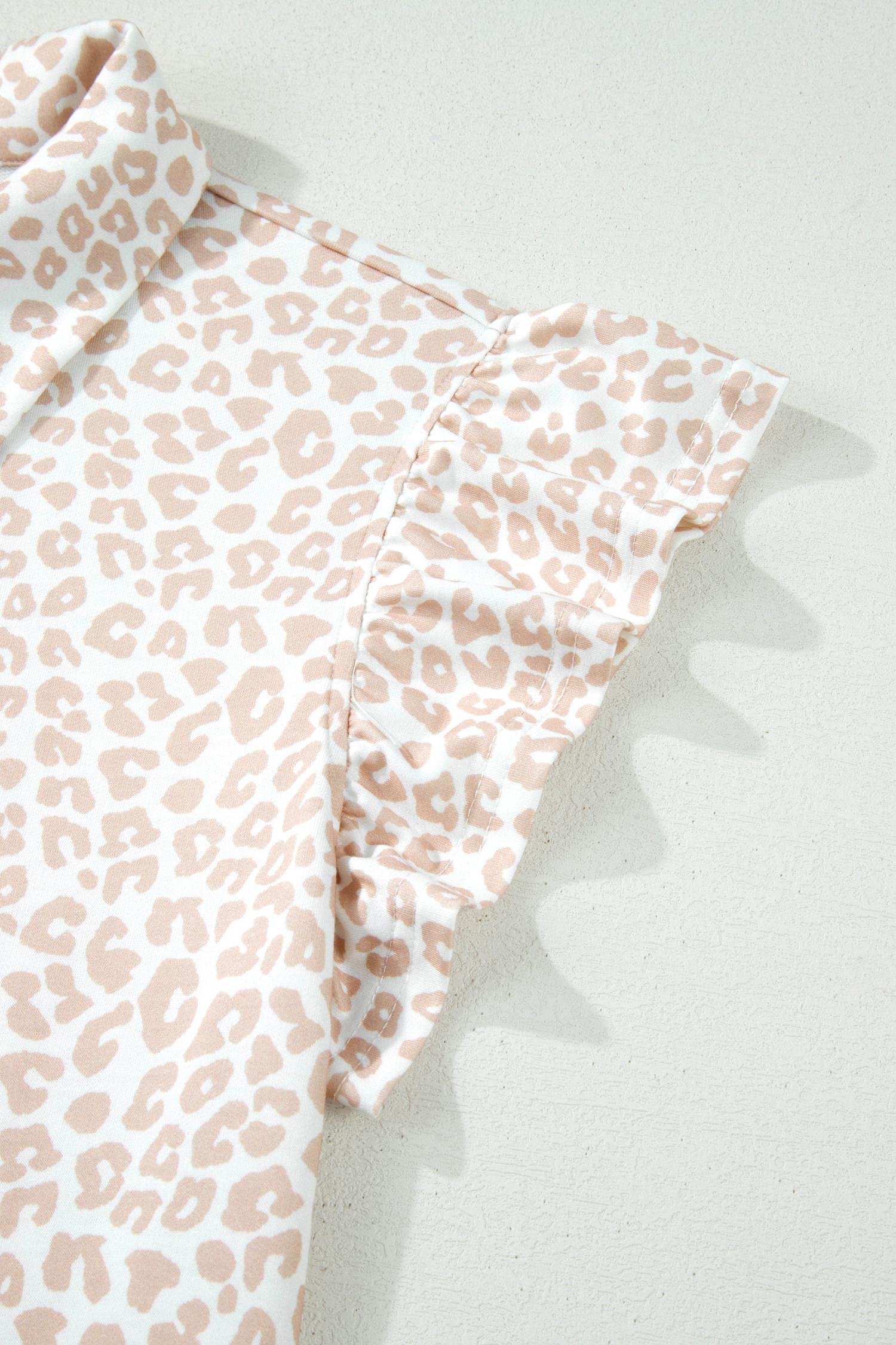 Women's Beige Leopard Zip Polo Top 2pcs Short Set, Casual Everyday Flowy Loungewear Sets for Women, Cute Preppy Ruffle Sleeve Two Piece Outfits, Chic Boho Summer Matching Suits, Athletic Aesthetic Pajamas Apparel