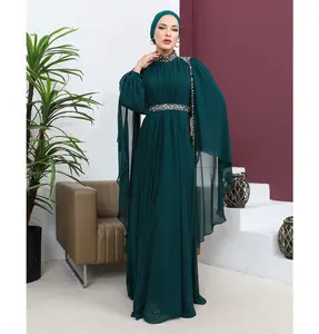 Modest Muslim Women's Embellished Cape Evening Dress - G714 Emerald Green