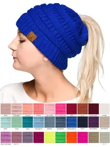 C.C BeanieTail Soft Stretch Cable Knit Messy High Bun Ponytail Beanie Hat BeanieTail Soft Stretch Cable Knit Messy High Bun Ponytail Hat For Female Women