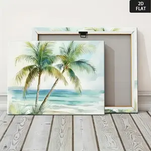 2D Flat, Art Deco Unframed Canvas Print - Tropical Beach Palm Trees Watercolor Painting, Vibrant Green & Blue Colors, Wrapped Canvas Wall Art for Living Room, Bedroom, Kitchen, Office - Modern Home Decor, No Frame Needed, Beach Theme Decor, 2D Flat	