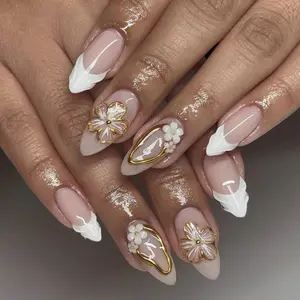 24pcs Almond Nail Art Set, Flower Design French Manicure Tips, Water Drop Autumn Winter Petals with Golden Beads