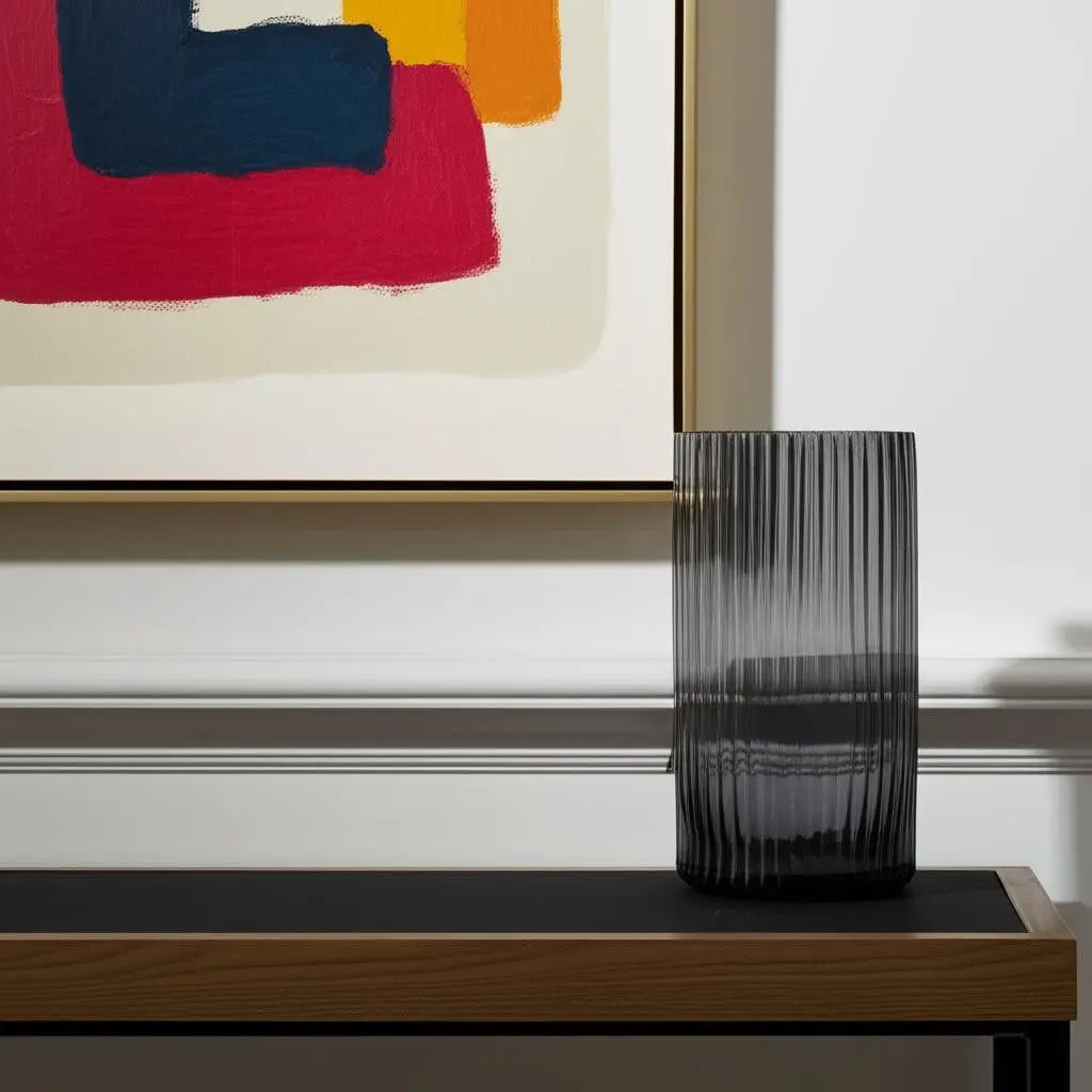 360 stand 11 in. Black Ribbed Cylinder Glass Table Vase - Modern Handcrafted Home Decor Centerpiece, Floral Display Holder, Home Supplies Gift, Decorative, Decorative Vase, Home Decoration
