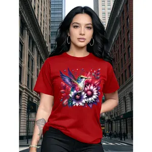 Women's 100% Cotton Smooth Fabric Short-Sleeve Round-Neck T-Shirt, Streetwear Fit, Fashionable Casual Bird-Flapping-On-Flowers Design, Suitable for Gifts, Travel,summervibes