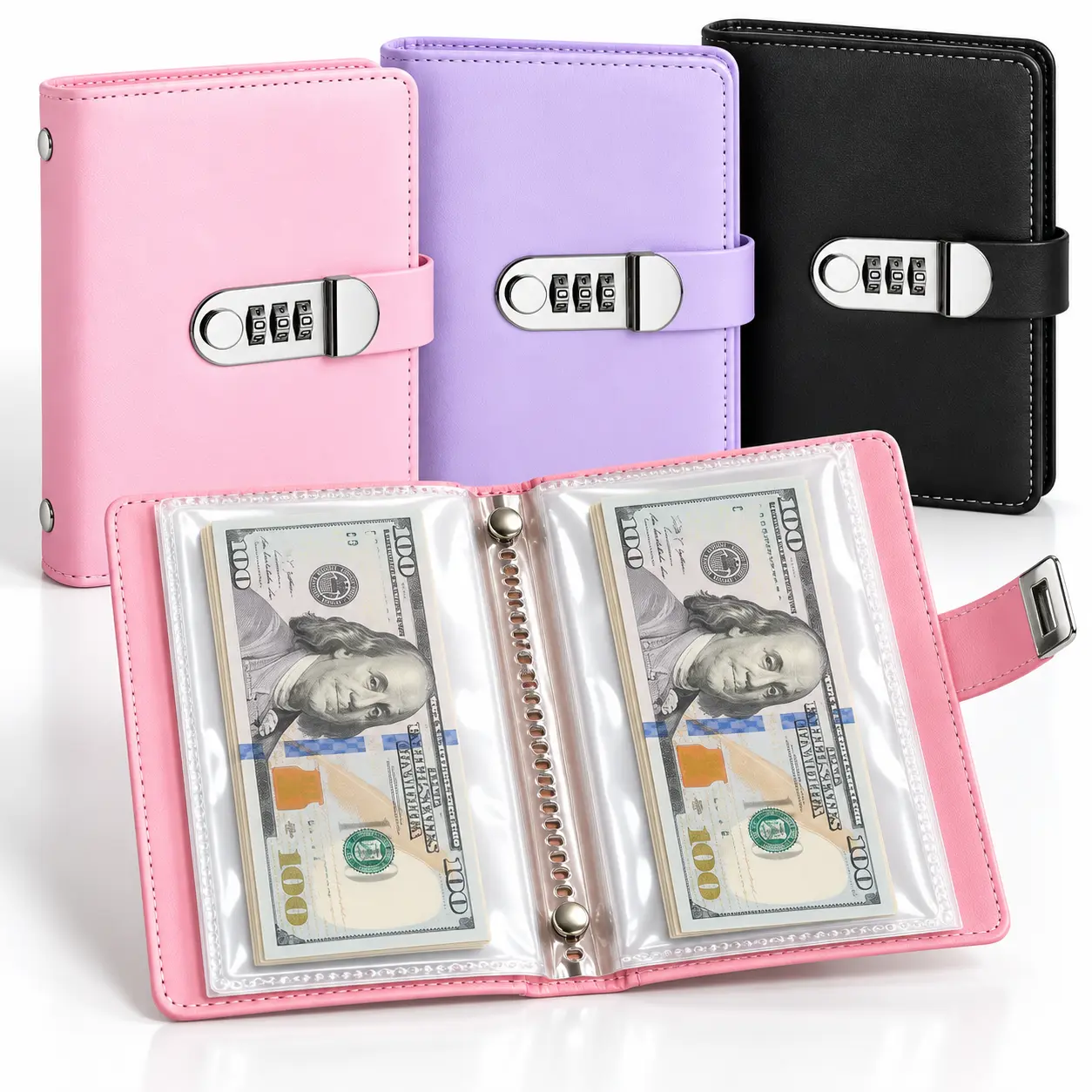 【Back to School】Leather-Look A6 Savings Notebook with Lock Mechanism & Code Setting, 1 Count Small Cash Storage Notebook, Rounded Corners Savings Challenge Tracker for Office Accounting Supplies