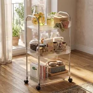 3-tier rolling cart with lockable wheels, clear acrylic utility trolley with handle, heavy-duty storage organizer for kitchen, bathroom, nursery, laundry — snack, book, craft organizer (clear)