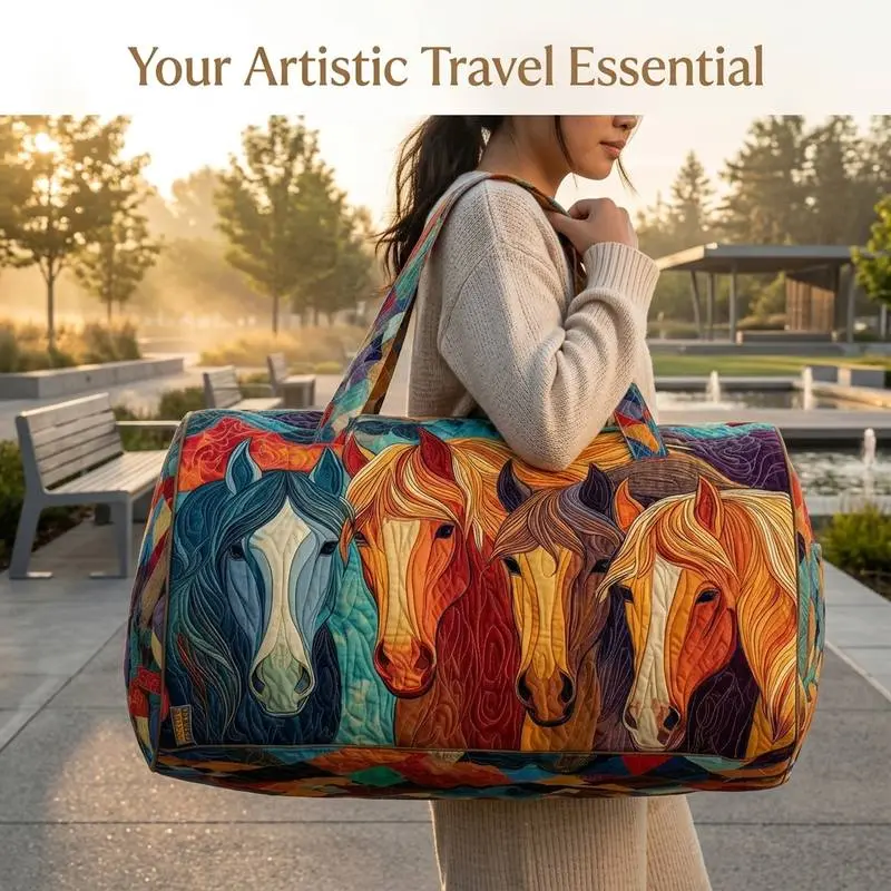 1pc Premium Hand Stitched Patchwork Quilted Duffle Bag Vibrant Multi Color Wild Horse Applique Art Spacious Western Animal Theme Overnight Travel Bag For Women Holiday Present Outdoor Daily Use