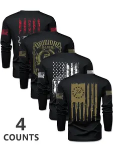 Men's Flag Series Crew Neck Long Sleeve T-Shirt Set, Casual Outdoor Pullover for Spring & Fall, Fitted Style, Bestseller