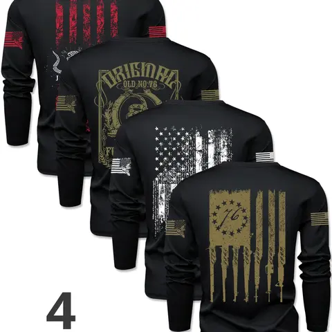 Men's Flag Series Crew Neck Long Sleeve T-Shirt Set, Casual Streetwear Outdoor Pullover for Spring & Fall, Fitted Style, Bestseller