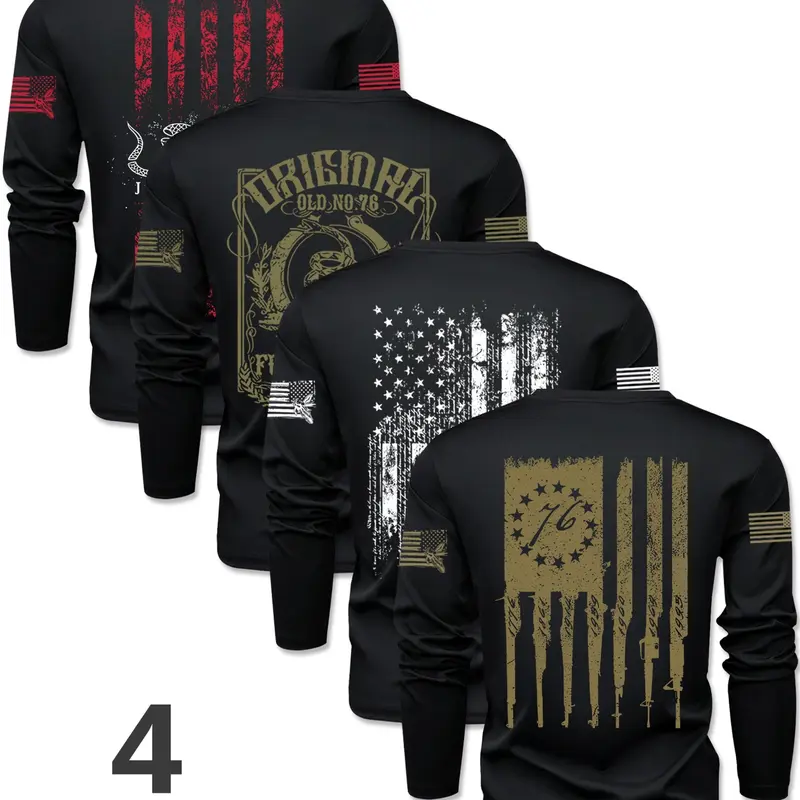 Men's Flag Series Crew Neck Long Sleeve T-Shirt Set, Casual Streetwear Outdoor Pullover for Spring & Fall, Fitted Style, Bestseller
