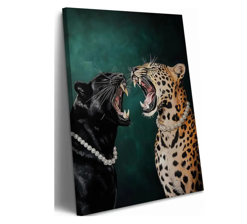 Artistic Big Cat Wood Canvas Wall Art - Funny Cheetah Print, Emerald Green Leopard Aesthetic, Vintage Black Panther Artwork, Trendy Home Decor Poster for Apartment, Ideal Gift
