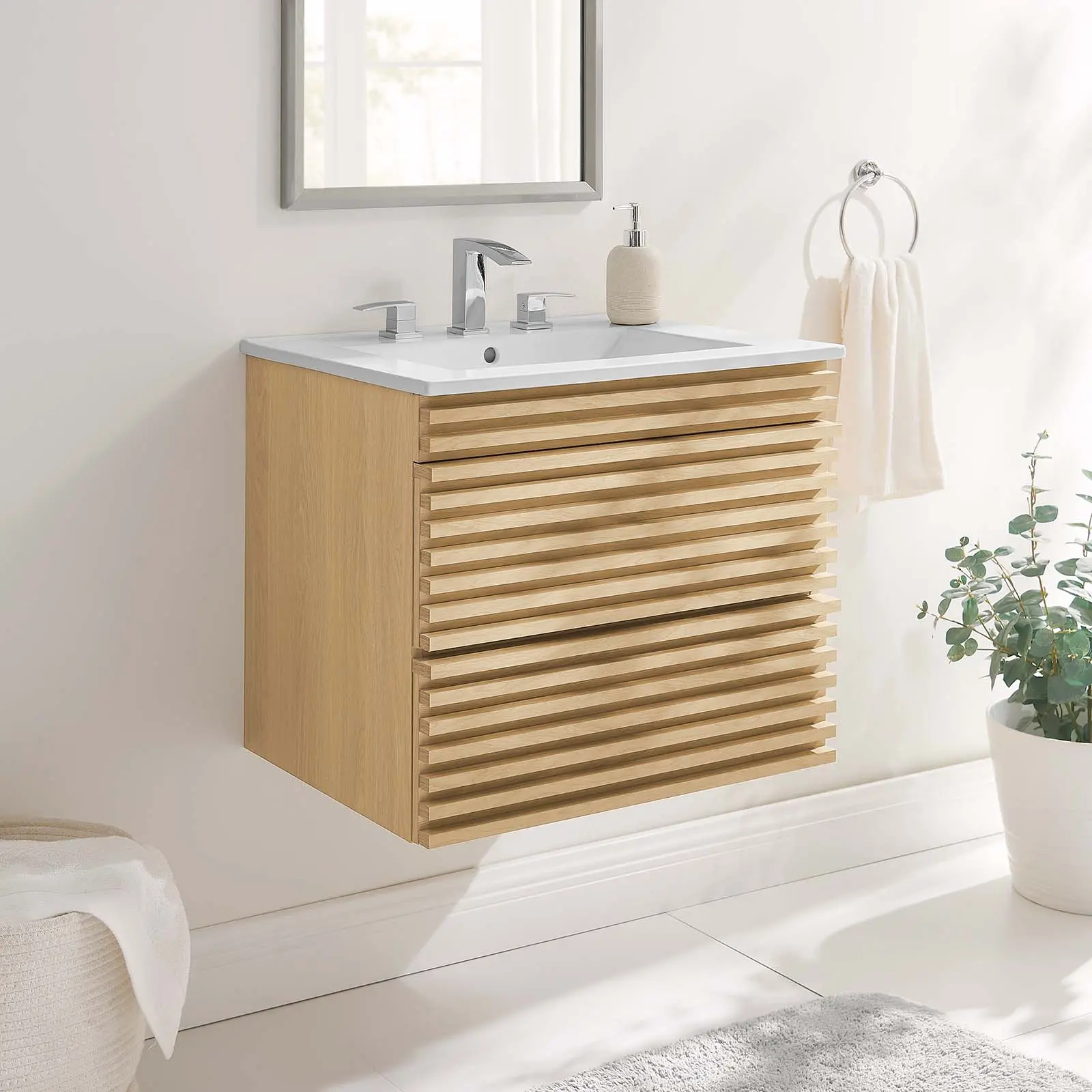 Modway Render 24" Wall-Mount Bathroom Vanity with Modern Storage Cabinets, Oak White Finish