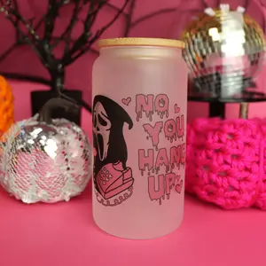 No You Hang Up 16 Oz Halloween Spooky Season Glass with Straw and Bamboo Lid, Clear or Frosted Drinkware