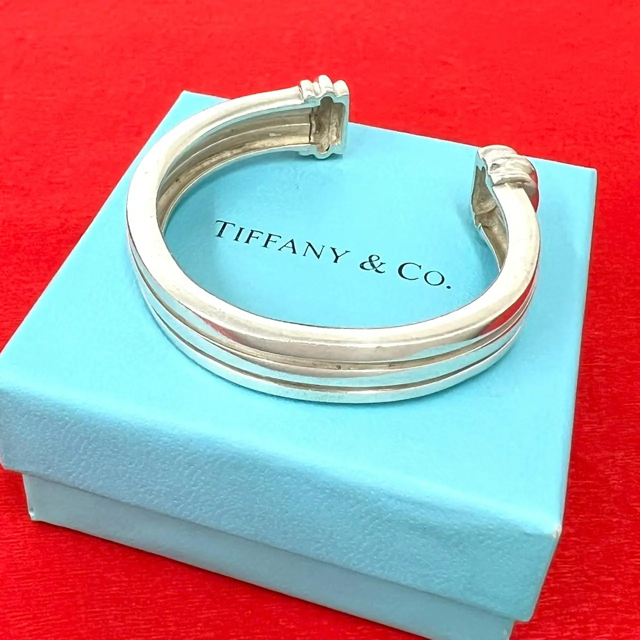 Pre-owned Tiffany & Co. Sterling Silver 925 (Ag925) Small Leather Goods Grooved Double Cuff Silver Bracelet