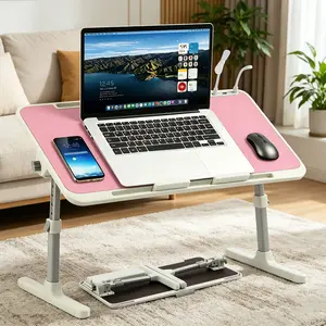 Adjustable Foldable Laptop Desk with 3 USB Ports, Bed Tray Table with Cooling Fan, LED Light & Storage Drawer for Home Office