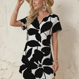Casual V-Neck Short Sleeve Floral Print A-Line Mini Dress For Women