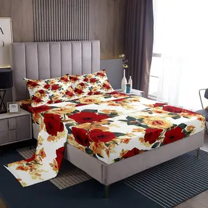 Rose Floral Sheet Set,- Vintage Flower Sheets with Deep Pocket Fitted Sheet,- Red